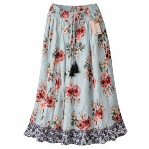 Lola P New York Aqua Floral Boho Maxi Skirt Medium NWT Rayon Tassel